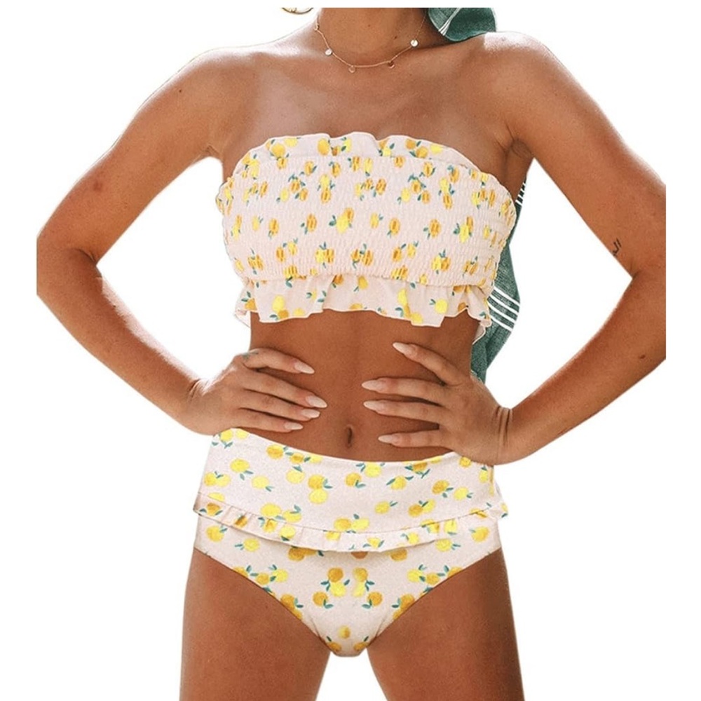 Lemons Smocked Smocked Ruffled Bandeau Bikini high waisted swim NWOT Small